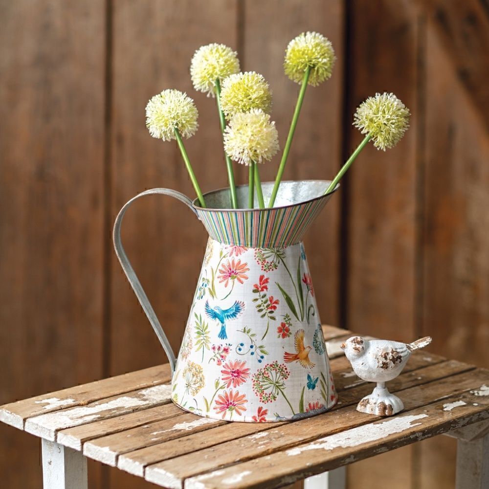 NEW! Cottagecore Farmhouse Ditsy Floral Striped Metal Pitcher Country Shabby